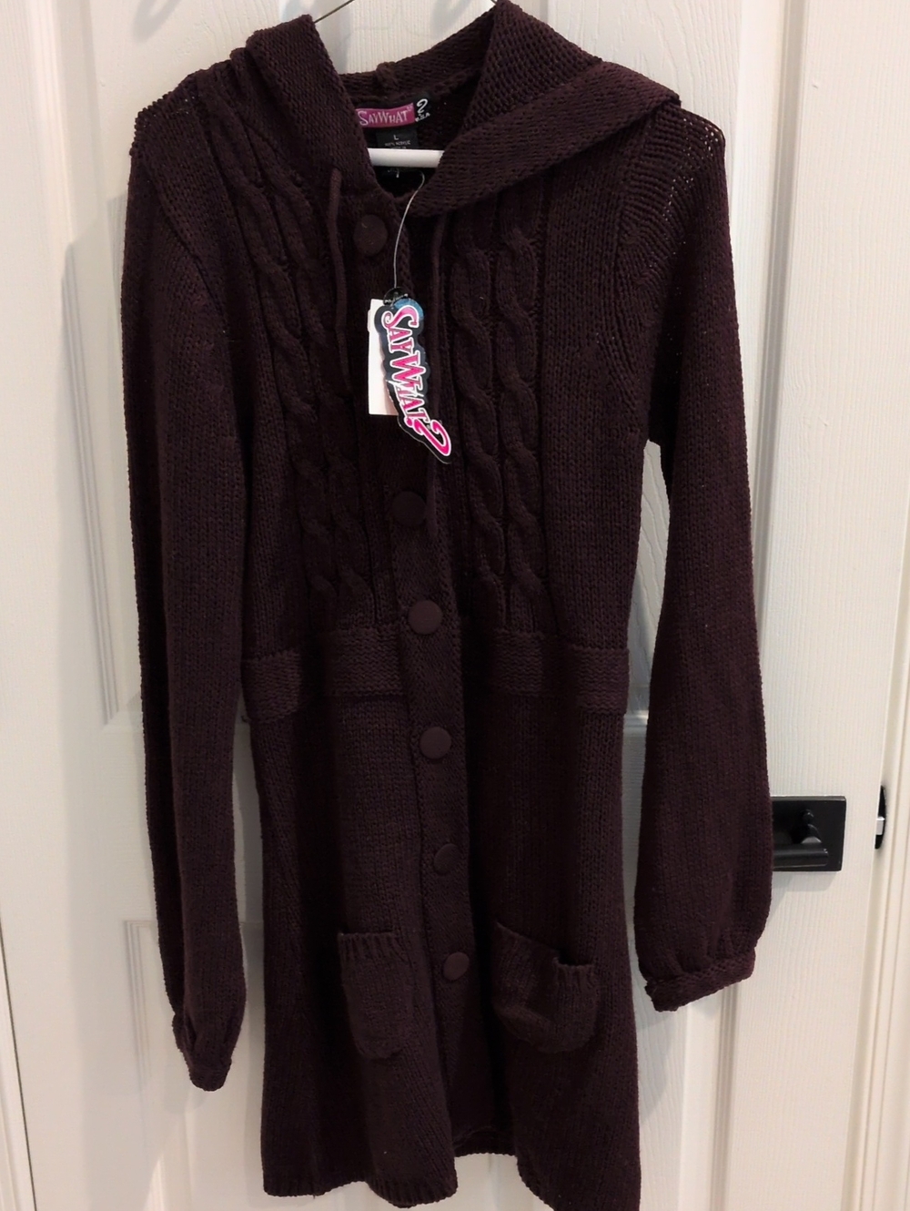 NWT Say What? Long Purple Knitted Hooded Sweater Size Large